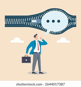 Communication barrier, A businessman looks concerned at a closed zipper speech bubble. Symbolizes difficulty in expressing information or privacy.