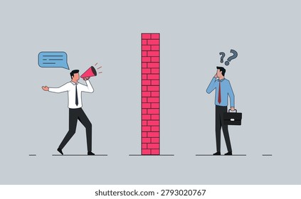 Communication barrier concept while one person uses a megaphone to reach out to a colleague.