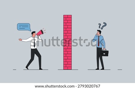 Communication barrier concept while one person uses a megaphone to reach out to a colleague.