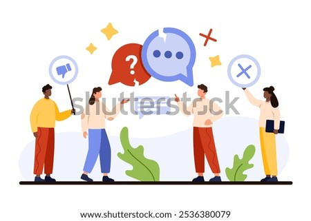 Communication barrier, misunderstanding in collaboration, negotiation problem and conflict. Tiny people talk, listen with bad empathy, broken speech bubbles with cracks cartoon vector illustration