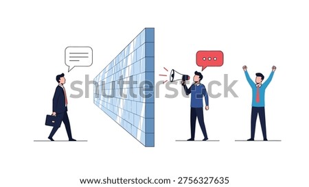 Communication barrier represented by a wall separating individuals while one person uses a megaphone to reach out to a colleague.
