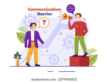 Ilustración de vectores de barreras de comunicación con malas comunicaciones, desacuerdos y problemas para malentendidos crean confusión en un fondo plano