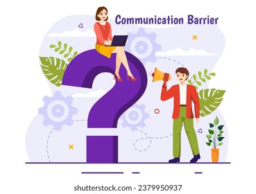 Ilustración de vectores de barreras de comunicación con malas comunicaciones, desacuerdos y problemas para malentendidos crean confusión en un fondo plano