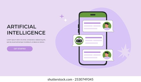 Communication between Artificial Intelligent robot assistant and user, customer messaging with AI chat bot, smartphone and speech bubbles, FAQ concept. Flat vector illustration for web site or banner