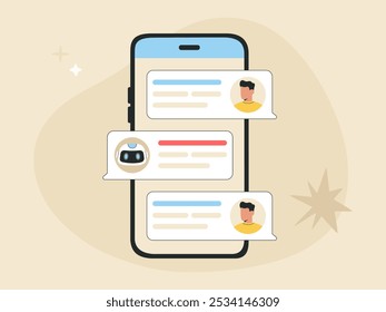 Communication between Artificial Intelligent robot assistant and user, customer messaging with AI chat bot, smartphone and speech bubbles, FAQ concept. Flat vector illustration isolated on background