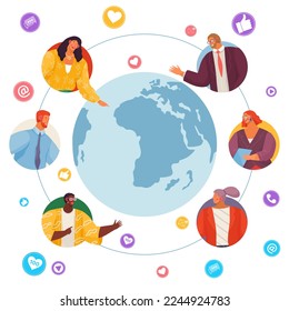 Communication between different people around world by video conference, at phone, tablet, desktop or laptop, relationship between workers on background of world map, multicultural social networks