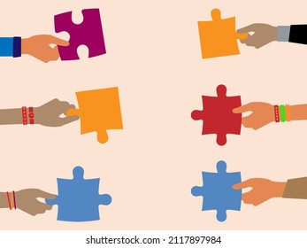 Communication between diverse people and Arms of multiethnic people. Cooperation and collaboration concept. Hands holding a jigsaw puzzle piece which joins another puzzle piece. Banner.