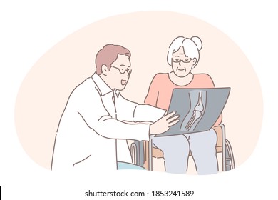 Communication Between Doctor And Patient, Medicare, Injury, Arthritis Concept. Positive Man Doctor Cartoon Characters Showing Senior Woman Patient In Wheelchair X-ray Of Her Injured Joint During Visit