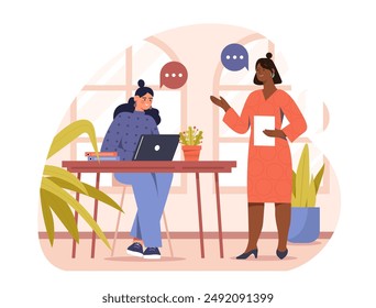 Communication between employees. Boss gives instructions to subordinate. Collaboration and cooperation, partnership. Colleagues working on common project or task. Flat vector illustration