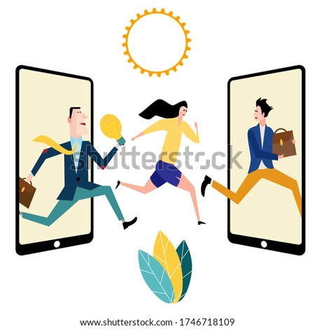 Communication between friends, clients, and users via mobile phone. Abstract illustration with people who go from one phone to another.