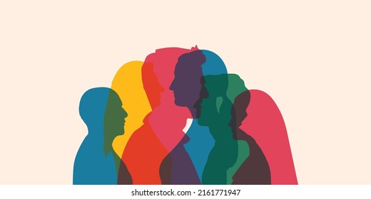 Communication between manager and business people. Businessman leader who leads and connects group of multi-ethnic men and women of diverse nationalities. Side silhouette person.