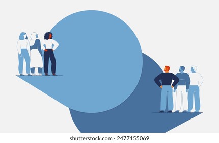 Comunicación entre hombres y mujeres. Intercambio de información e interacción entre equipos. Conflictos y confrontaciones de género. Compartir ideas en la ocupación profesional. Ilustración vectorial