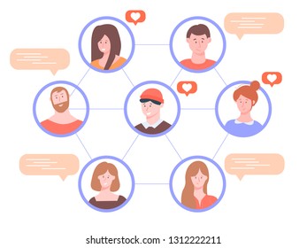 Communication between people in social networks. Messaging and likes. Vector illustration on white background.