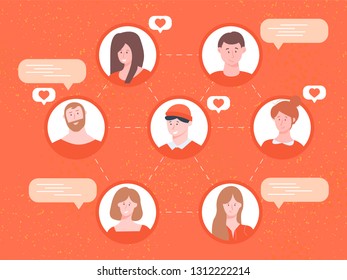 Communication between people in social networks. Messaging and likes. Colorful vector illustration on red background. For articles and information materials.