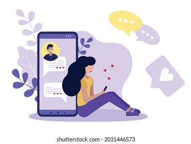 Communication between people through network on the smartphone. Online dating and social networking concept. Vector illustration for online dating app users.