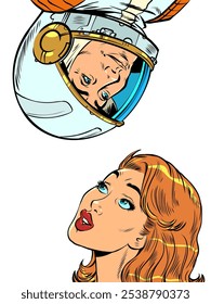 Communication between space and earth. The astronaut is on top, and the woman is looking at him. Connections without limits. Pop Art Retro Vector Illustration Kitsch Vintage 50s 60s Style. On a white