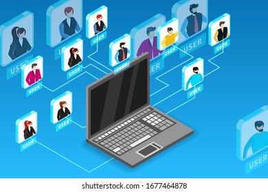 Kommunikation zwischen Abonnenten und Benutzern. Konzept des sozialen Netzwerks. Isometrische Vektorillustration.