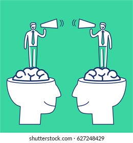 Communication between two brains. Vector business illustration of business people with megaphone standing in human brain | modern flat design linear concept icon and infographic on green background