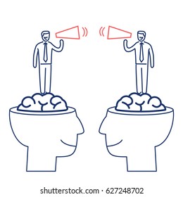Communication between two brains. Vector business illustration of business people with megaphone standing in human brain |  flat design linear icon and infographic blue and red on white background