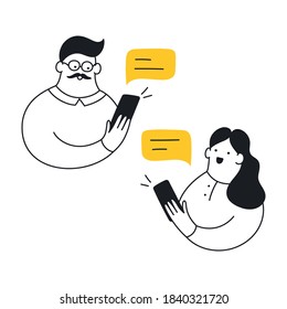 Communication between two people, characters talk to each other with the usage of typing messages in phone. Thin line minimalistic vector illustration.