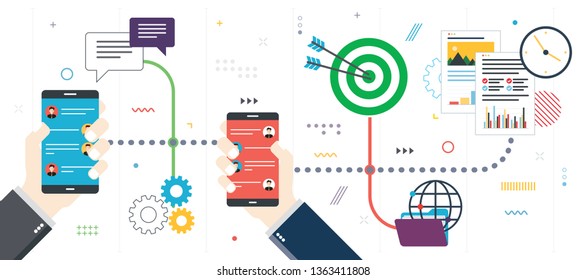Communication between two people with smartphone message app. Hands holding smartphone. Vector internet banner with icon set of communication, business and social media. Modern flat style design.