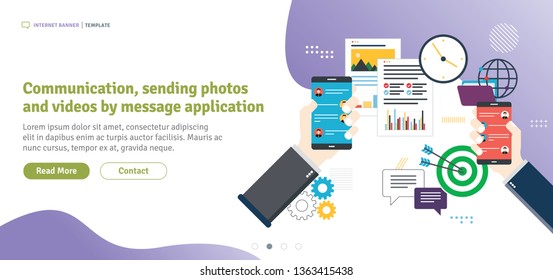 Communication between two people with smartphone message app. Hands holding smartphone. Vector internet banner with icon set of communication, business and social media. Modern flat style design.