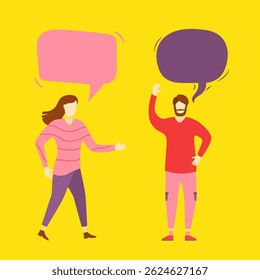 Communication between young man and woman with speech bubbles and comic style cartoon characters chatting in dialog holding blank text cloud message for sharing ideas in relationship

