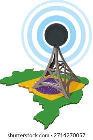 Kommunikation oder 3D-Antenne zentriert auf einer Grundkarte von Brasilien, gemalt mit der Nationalflagge (Grün, Gelb, Blau). Blaue konzentrische Kreise symbolisieren die Signalübertragung. (ausgeschnitten)