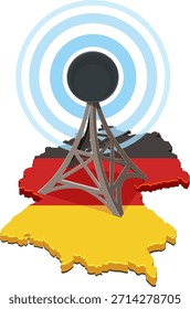 Uma antena de comunicação ou transmissão 3D (torre) centrada em um mapa da Alemanha, pintada com a bandeira nacional (Preto, Vermelho, Ouro). Círculos concêntricos azuis simbolizam a transmissão do sinal.