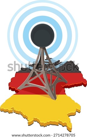 A communication or broadcast 3D antenna (tower) centered on an outline map of Germany, painted with the national flag (Black, Red, Gold). Blue concentric circles symbolize signal transmission.