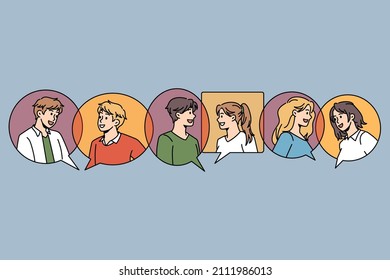 Communication bubble and chat concept. Bubbles of communication replies chats with portraits of people talking online vector illustration 