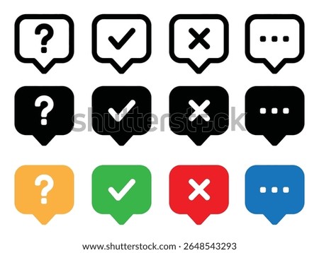 Communication bubble icons featuring question, check mark, cross, and dots in outline, solid, and color styles