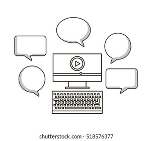 communication bubbles around computer device over white background. vector illustration