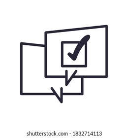 Burbujas de comunicación con marca de verificación diseño de iconos de estilo de línea, conversación de discusión de mensajes y tema de charla Ilustración del vector