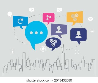 burbujas de comunicación e iconos del paisaje urbano