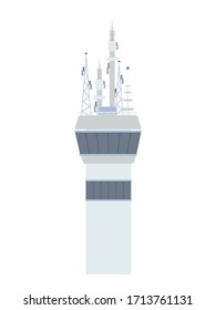 Communication building for the airport. TV tower. Tower with antennas. Isolated on a white background. Vector.