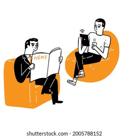 Communication business concept, elderly man reading newspaper news and young man sitting on sofa reading news through tablet. with different communication tools, Vector Illustration Hand drawn doodle