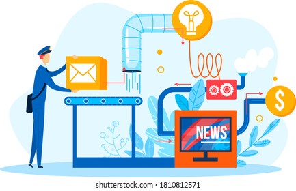 Communication business with flat person near mechanism, vector illustration. Cooperation technology for people news work concept. Creative social media design, cartoon man with box.