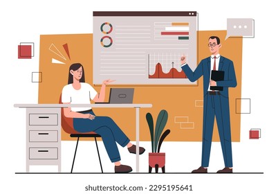 Communication of business people. Man and woman on background of graphs, charts and diagrams. Marketing research and company valuation. Brainstorming and teamwork. Cartoon flat vector illustration