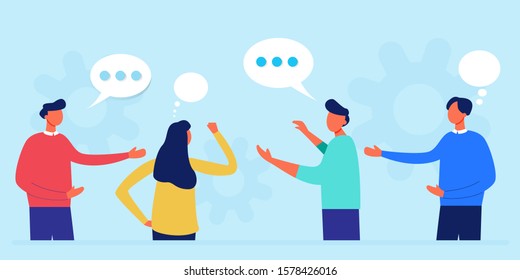 Communication of business people in search of solutions problems, use in web projects and applications, collective thinking. People group full length team, speech bubble. Vector illustration