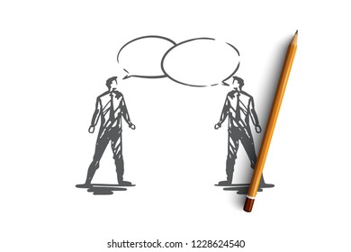 Communication, business, speech, chat, conversation concept. Hand drawn two businessmen talking concept sketch. Isolated vector illustration.