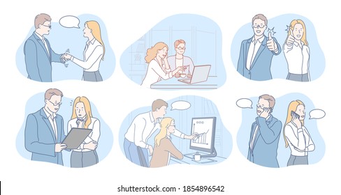 Communication, business, teamwork, marketing, agreement concept. Business people partners coworkers cartoon characters discussing projects, analysing marketing data, having brainstorming, negotiating 