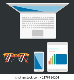 Communication and business work concept render of laptop or notebook, tablet computer PC with stock market exchange internet application, smartphone or mobile phone, on office table
