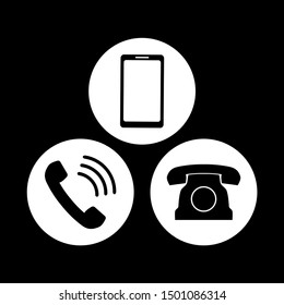 Communication button. Black phone set. Retro telephone and smartphone icon. Vector illustration.