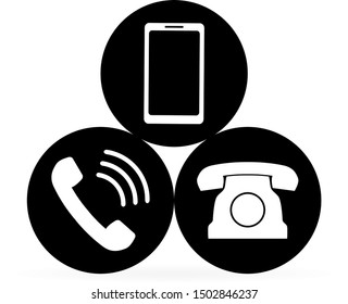 Communication button. White phone set. Retro telephone and smartphone icon. Vector illustration.