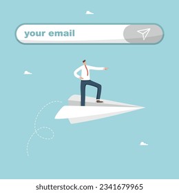 Communication by e-mail, sending emails and letters, working business correspondence of company employees, targeting and information concept, man flies on paper plane next to the message sending line.