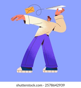 Communication by letters, mails. Man sends digital message, email. Conversation online by messenger. Person holds plane in hand, swings to launch paper airplane. Flat isolated vector illustration