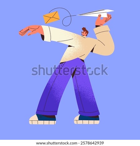 Communication by letters, mails. Man sends digital message, email. Conversation online by messenger. Person holds plane in hand, swings to launch paper airplane. Flat isolated vector illustration