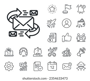 Communication by letters symbol. Salaryman, gender equality and alert bell outline icons. Mail line icon. E-mail chat sign. E-Mail line sign. Spy or profile placeholder icon. Vector