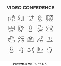 Communication by video conference icon design. Video call conference technology vector icons. Distance communication and computer screen with people icons set